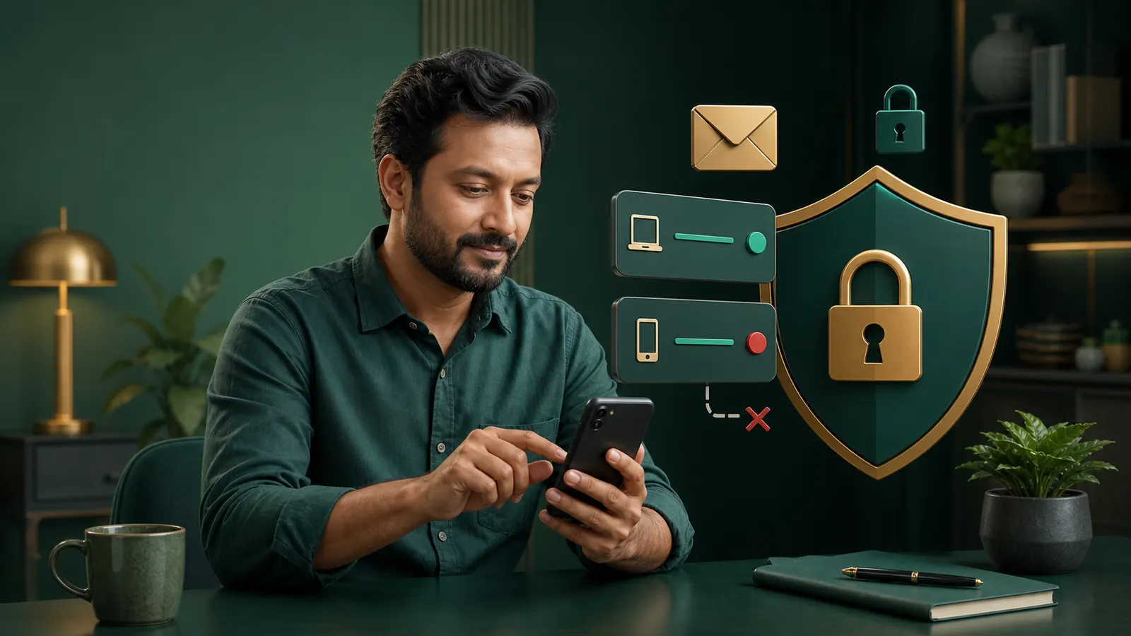ফোন, পাসওয়ার্ড, ইমেইল ও সক্রিয় সেশন সুরক্ষিত করছেন একজন প্রাপ্তবয়স্ক