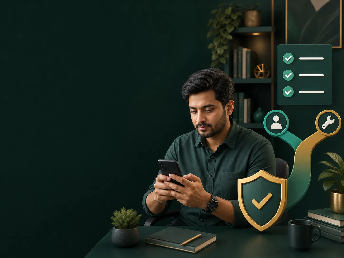 মোবাইলে তথ্য যাচাই করছেন একজন প্রাপ্তবয়স্ক, পাশে নিরাপত্তা ঢাল ও চেকলিস্ট